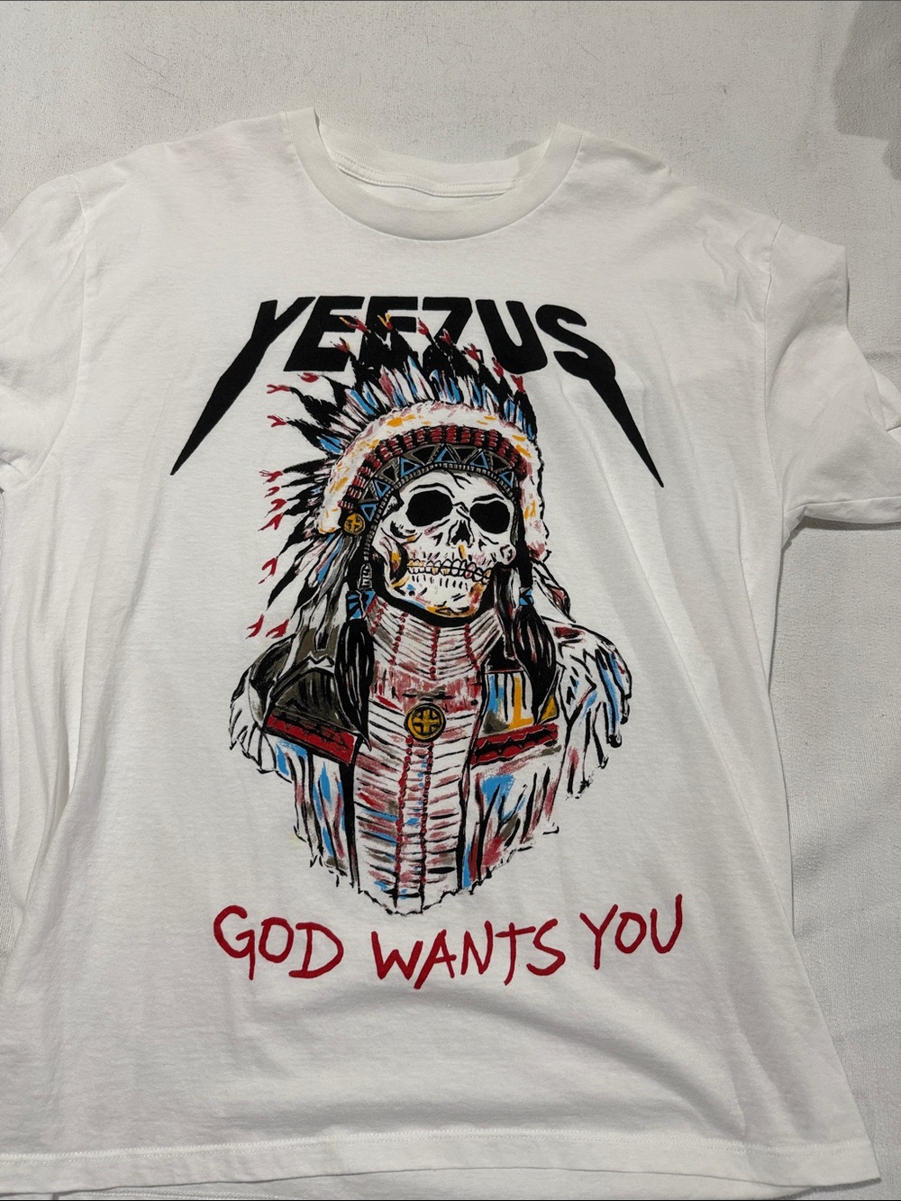 White Graphic Tee with 'Yeezus' Skull Native Headdress Print